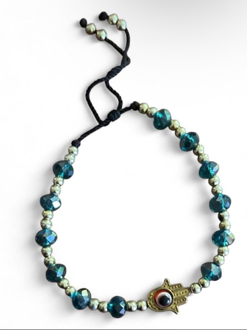 Beaded Hamsa Charm Bracelet - Teal and Metallic